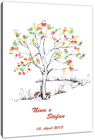 galleryy.net Hochzeitsbaum Fingerabdruck 60x40 mit NAMEN & DATUM - INKL Zubehör-Set (Stempelkissen+Stift+Anleitung+Hochzeitsbuch+...) - Wishingtree Gäste - Fingerabdruck Baum Leinwand