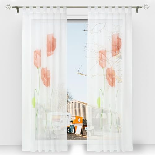 Thinkbay Floral Schlaufen Gardine Stoffdruck 1er-Pack Vorhang H*B 145 * 150cm Rot