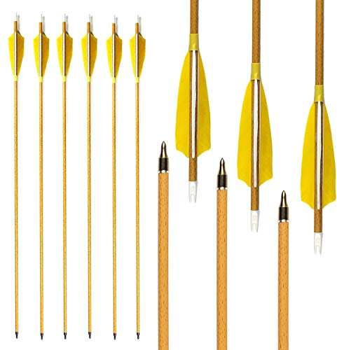 MS Jumpper 6 Pack 30 inch Archery Hunting Carbon Arrows, Wood Grain Carbon Shaft Spine 500 Fletching 4 Real Feathers for Compound Recurve Bow
