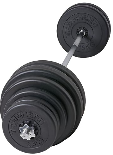 110 kg skivstångsset av 1,8 m hantelstång, skruvlås och vikter (4 x 2,5 kg, 2 x 5 kg, 2 x 10 kg, 4 x 15 kg)