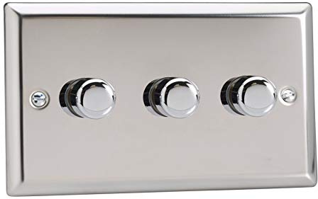 Varilight JCDP303 Classic V-Pro Mirror Chrome 3 Gang Trailing Edge LED Dimmer Switch 1 or 2 Way,91x150x47mm