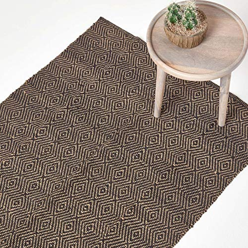 Homescapes Naturfaser-Teppich, 150 x 240 cm, 100% Jute-Teppich, mit geometrischem Rautenmuster, schwarz-beige