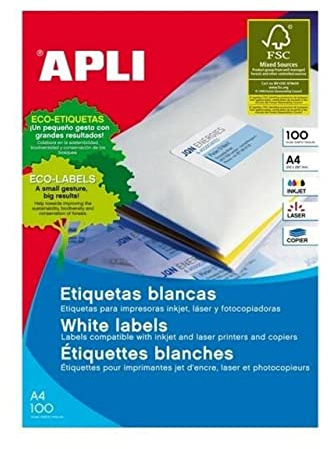 APLI 2414 - Etiquetas blancas permanentes adhesivas imprimibles, Inkjet-Laser-Copy, tamaño etiqueta 63,5 x 38,1 mm, cantos romos, pack de 100 hojas A4 (2100 etiquetas), Ideal para sobres