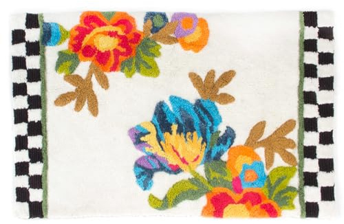MACKENZIE-CHILDS Bath Rug, Bath Mat for Bathroom Use, Cotton Rug, 21 H x 34 W, White Flower Market