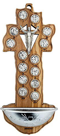 VILLAGE GIFT IMPORTERS Olive Wood Stations of The Cross Holy Water Font (Crucifix-Style)