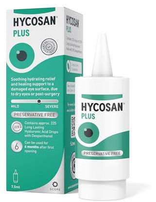 Hycosan Plus - Dry Eye Drops with Hyaluronic Acid and Dexpanthenol for Soothing Hydrating Relief and Healing Support for Eyes Recovering from Injury or Surgery - Preservative Free - 225 Measured Doses