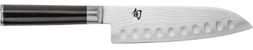 KAI Shun Classic Santoku 18 cm Klingenlänge mit Kullenschliff - Damastmesser 32 Lagen VG MAX Kern - 61 (±1) HRC - Pakkaholzgriff - Made in Japan - japanisches Kochmesser Küchenmesser geschmiedet
