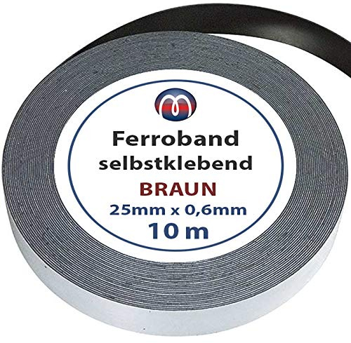 Ferroband Eisenband Selbstklebend Roh Braun 25 mm x 0,6 mm x 10 m Eisenfolie unbeschichtet mit Premium-Kleber - flexibles Haftgrund Haftband für Magnete