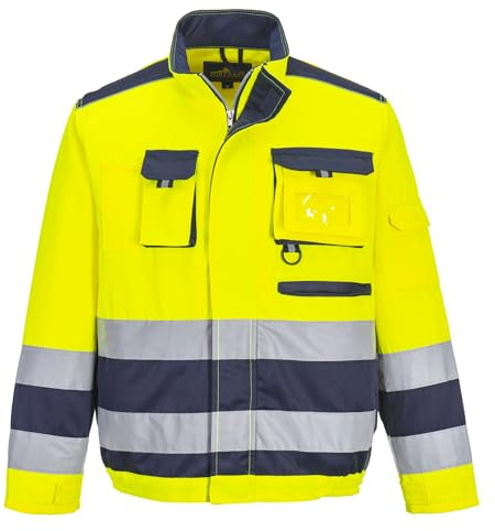 Portwest TX50 Lille Warnschutz-Jacke Taschen mit Reißverschluss Stehkragen | Gelb/Marine, 3XL, EN ISO 20471 Klasse 3, UPF 40+, Vordere Reißverschlußtasche, Abnehmbare Ausweistasche, Langarm