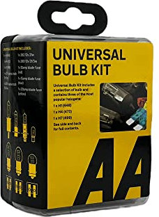 AA Compact Universal Car Bulb/Fuse Kit AA0552 - Includes Popular Halogen Bulbs H1 (448) H4 (472) H7 (499) - Suitable for Most Vehicles, Black/silver