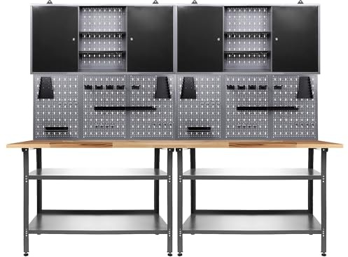 Ondis24 Werkstatteinrichtung 240 cm Werkbank Nobbi, Metall, Lochwand mit Hakensortiment, 2 Werkstattschränke (Arbeitshöhe 85 cm, Schwarz)