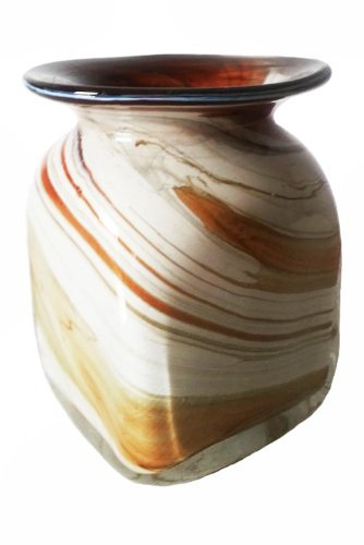 Jarron de cristal coloreado, florero de cristal soplado a boca, en tonos marron, beige blanco de marmol, jarron rectangular de vetro en forma de un tintero de altura 10 cm diseñado y fabricado por la Oberstdorfer Glashütte