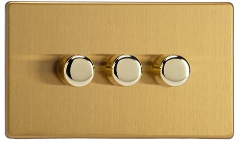 Varilight 3-Gang 2-Way V-Pro Push On/Off Rotary LED Dimmer 3 x 0-120W (Twin Plate) Brushed Brass