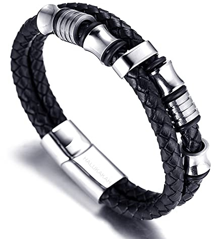 Halukakah Herren Lederarmband 18k Echtgold/Platin Plattiert Titan Perlen Gold Silber Schwarz Rindsleder der Oberen Schicht Magnetverschluss 21.5-23cm Geschenk für Männer