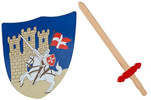 Idena 40032 - Kreuzritter Spielset für Kinder, Schutzschild und Schwert aus Holz, Ritter Kostüm Zubehör für Karneval, Fasching und Mottopartys