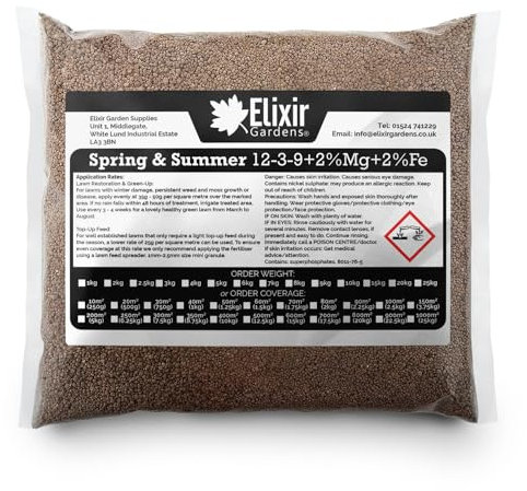 Elixir Gardens Seasonal Lawn Fertilisers for Turf & Grass | Spring & Summer 12-3-9 Bag | Granular Feed with added Iron & Magnesium | Treats 40 Sq. Meters