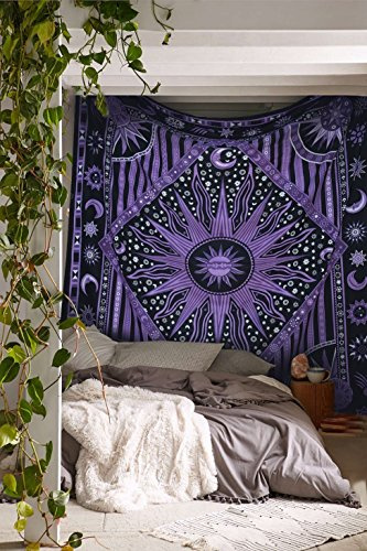 Popular Handicrafts Wandteppich, Hippie, brennende Sonne, Mond, Boho, Hippie, psychedelisches Design, indische Wandteppiche, Tagesdecke, 215 x 230 cm, Lila