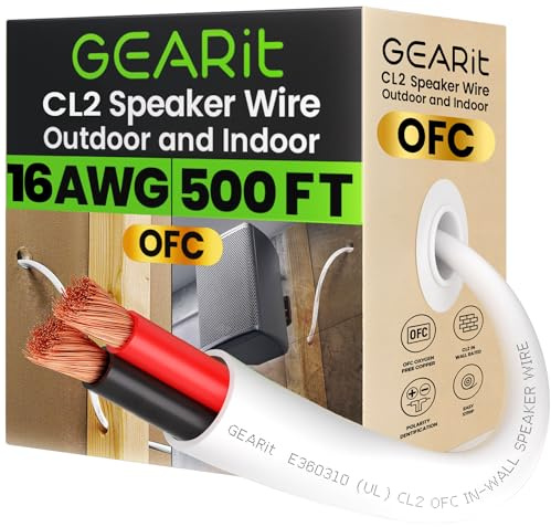 GearIT Cable de altavoz OFC de 2 x 1,5 mm ≤ (152,4 metros - blanco) cobre sin oxígeno - Cable de audio de alta fidelidad para pared/clasificación CL2 / 2 conductores - calibre 16 AWG, 500 pies