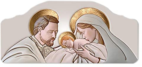 Lupia - Quadro Moderno Capezzale The Kiss Ceramic Sacra Famiglia, Stampa su Legno Ecologico, Artigianale e Made in Italy, su Tavola Lavorata, Multicolore, 42x92 cm