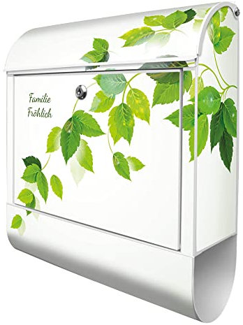 banjado Design Briefkasten personalisiert Motiv WT Blätterranke 38,5x46,5x13cm & 2 Schlüssel - Briefkasten Stahl Weiß Zeitungsfach pulverbeschichtet - Postkasten A4 Einwurf inkl. Montagematerial