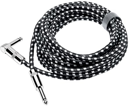 Rayzm Cavo Jack 1/4 da 3 Metri Noiseless per Chitarra/Basso, Connettore Maschio Mono e Cavo Avvolto in Tessuto Bianca e Nero