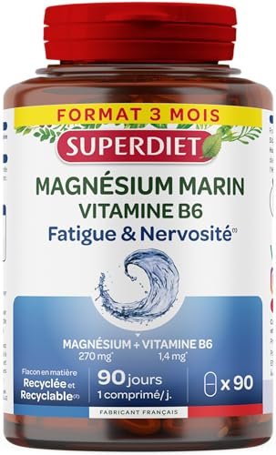 SUPERDIET - Magnésium Marin et Vitamine B6 - Réduction de la fatigue, Bon fonctionnement du système nerveux- 90 comprimés