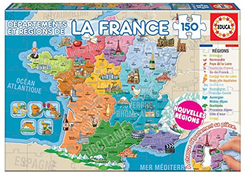 Educa - Puzzle Éducatif Départements et Régions de la France – Jeu d’Apprentissage de la Géographie – Carte de France Multicolore pour Enfants (17238)