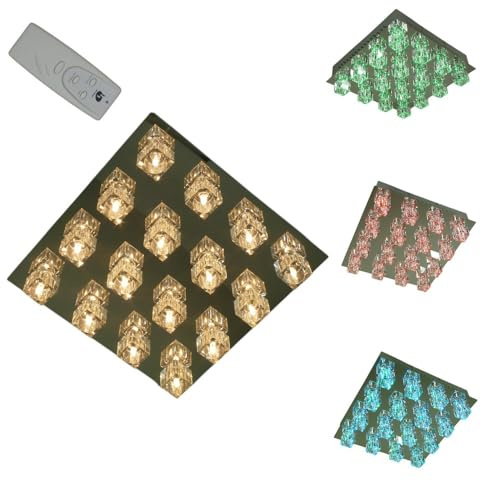 Dapo CRYSTAL LED-Halogen-Decken-Wand-Leuchte Metall 35x35x 2,5cm, Kristallglas-Einsatz 3,6x3,6x4cm, 48 LED warmweiß + Farbwechsel und Fernbedienung Decken-Wand-Lampe