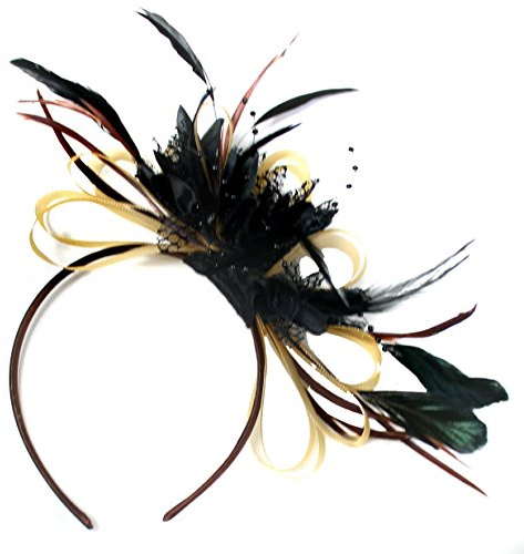 Oro e nero netto a cerchio piuma capelli fascinator fascia matrimonio Royal Ascot