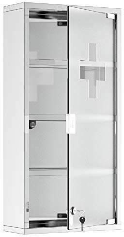 HOMCOM Medizinschrank Arzneischrank aus Edelstahl, Abschließbar Medikamentenschrank mit 4 Fächern, Glastür Apothekerschrank zur Medikamenten-Aufbewahrung, 30 x 12 x 60 cm
