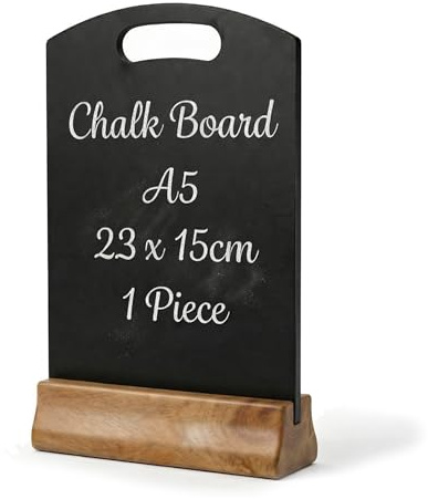 Chabrias Ltd A5 Chalkboard Table Sign with Wooden Stand - 23x15cm – Reusable Easy Wipe Chalkboard Sign, Menu Display, Wedding Table Numbers, Reserved Signs for Restaurants, Cafés & Events (1 x A5)