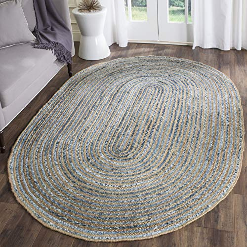 SAFAVIEH Cape Cod Collection Area Rug - 6' x 9' Oval, Natural & Blue, Handmade Flat Weave Jute, Ideal for High Traffic Areas in Living Room, Bedroom (CAP250A)