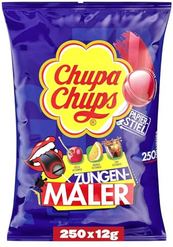 Chupa Chups Zungenmaler Lutscher-Beutel, Nachfüll-Beutel mit 250 Lollis, Cola, Kirsch, Orangen-Geschmack, Lollipops färben die Zunge, geeignet für Geburtstag, 250 x 12g