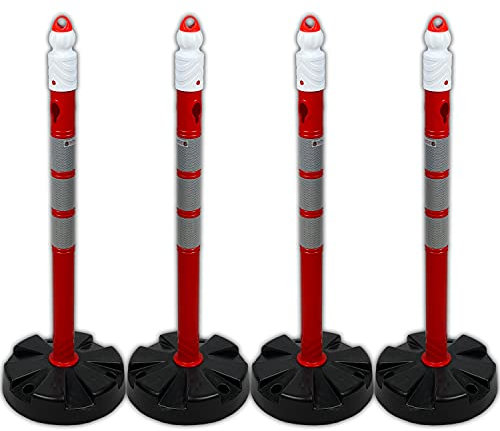 UvV Quad (4 Stück) Kettenpfosten Kettenständer Absperrpfosten, Ø63 x 1000mm, Fußplatte zum Einrasten in schwarz mit Gewichtsverstärkung, 3 reflektierende Folienstreifen