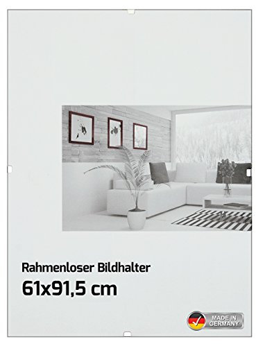Rahmenloser Bildhalter Bilderrahmen für Maxi Poster - Größe 61 x 91,5 cm, Rahmenlos, 14 Metall-Klemmen - Antireflex Acrylglas