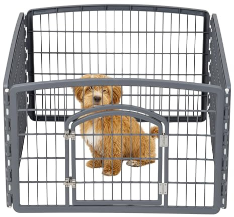 IRIS USA 24 Exercise 4-Panel Pet Playpen with Door, Dog Playpen, Puppy Playpen, Small and Medium Dogs, Keep Pets Secure, Easy Assemble, Rust-Free, Heavy-Duty Molded Plastic, Customizable, Gray