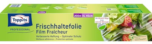 Toppits Frischhaltefolie Extrabreit - 1 x 200m, Selbsthaftende 3-Schicht Spezialfolie, inklusive Abreiß-Säge, Transparent