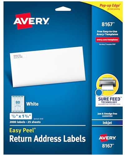 Avery Printable Return Address Labels with Sure Feed, 0.5 x 1.75, White, 2,000 Blank Mailing Labels (08167)