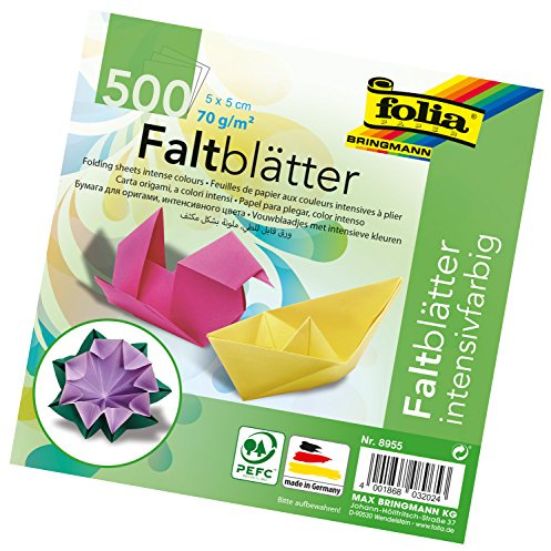 folia 8955 Lot de 500 Feuilles de Papier à Plier 5 x 5 cm, 70 g/m², 10 Couleurs intenses - Idéal pour Le Pliage du Papier et pour d'autres travaux créatifs