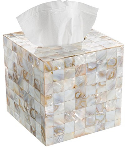 Milano Tissue Box Cover Square – Decorative Tissue Holder for Bathroom - Beautiful Natural Mother of Pearl Capiz Shells Tissue Box Holder - Cube Tissue Box Cover with Durable Bottom Slider