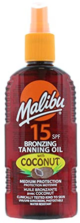 Malibu Sun SPF 15 Bronzing Tanning Coconut Oil Spray with Medium Protection, Water Resistant, Tropical Scent, 200ml