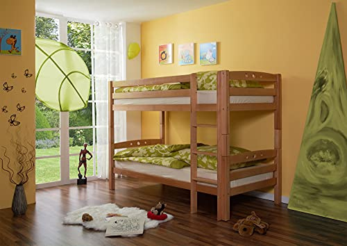TiCAA Etagenbett, Kinderbett, Stockbett Funktionsbett für Kinder mit Treppe & Zwei Liegeflächen teilbar aus Buche Massivholz Natur Bettgestell 90 x 200