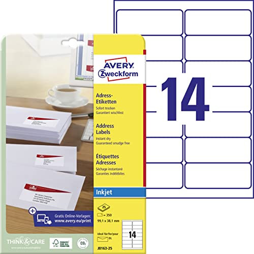 AVERY Zweckform J8163-25 Adressetiketten/Adressaufkleber (350 Etiketten, 99,1x38,1mm auf A4, bedruckbar, selbstklebend, für DIN lang Briefkuverts, Papier matt, Inkjet-Drucker) 25 Blatt, weiß