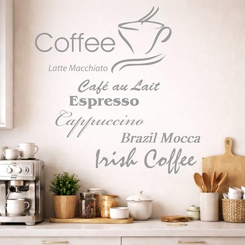 Indigos UG - Wandtattoo Kaffee silber - 40x40 cm - Kaffeetraum Schriftzug mit Tassenmotiv und Coffee Design - Wandaufkleber für Küche & Wohnbereich