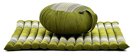 Leewadee Meditation Cushion Set – 1 Round Zafu Meditation Pillow and 1 Square Roll-Up Zabuton Meditation Mat, Pillows Bundle Filled with Kapok, Green