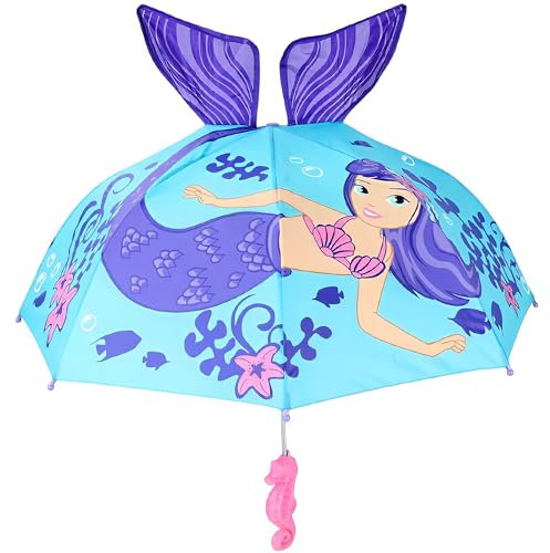 Rhode Island Novelty Kinder-Regenschirm, Meerjungfrauen-Design, mit Seepferdchen-Griff, Blau