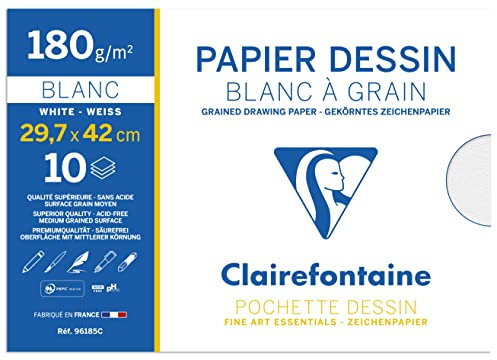 Clairefontaine 96185C Mappe Zeichenpapier (180 g, 29,7 x 42 cm, 10 Bögen, ideal für Kunstunterricht, geleimt) weiß