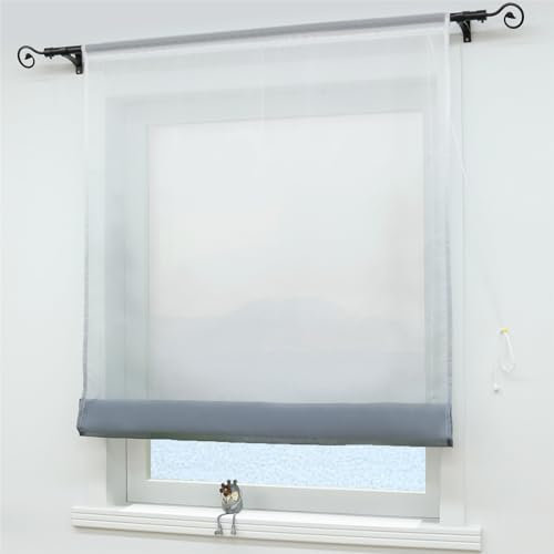 ESLIR Raffrollo Voile Raffgardine Tunnelzug Farbverlauf Gardinen Küche Transparent Bändchenrollo Vorhänge Modern Grau BxH 140x140cm 1 Stück