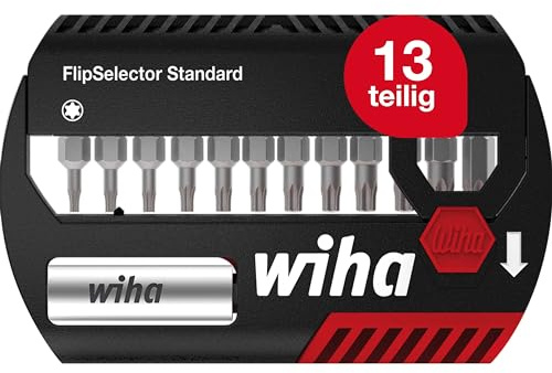 Wiha Bit Set FlipSelector 13 teilig I mit Gürtelclip I Standard 25 mm TORX® I magnetischer Bithalter I Öffnen per Knopfdruck I 1/4 Zoll C6,3 (39056)