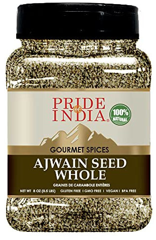 Pride of India – Ajwain Seed Whole – Gourmet Carom Seeds – Flavoring agent for Savory Dishes – Aromatic & Nutrient Dense – Easy to Use – 8 oz. Medium Dual Sifter Jar